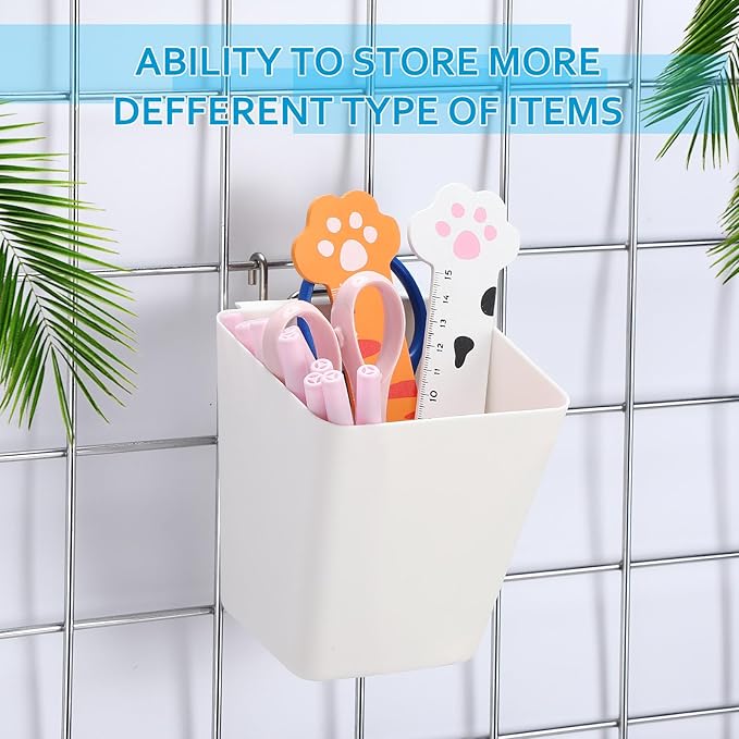 6 Pack Large Gridwall Cups Gridwall Storage Bin with Hooks Hanging Baskets Square Box Shape Hanging Cup Holder Gridwall Accessories for Garage Workbench Office Playroom Home Kitchen(White)