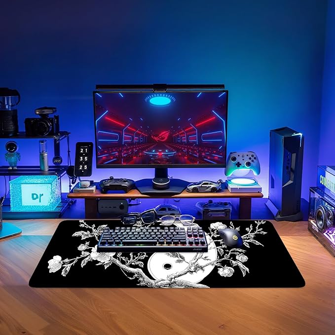 Yin Yang Cherry Blossom Gaming Mouse Pad 31.5"x11.8", Black and White Floral Large Desk Mat, Extended Keyboard Mousepad with Non-Slip Rubber Base, Stitched Edges Mouse Pads for Desk Home Office Gaming