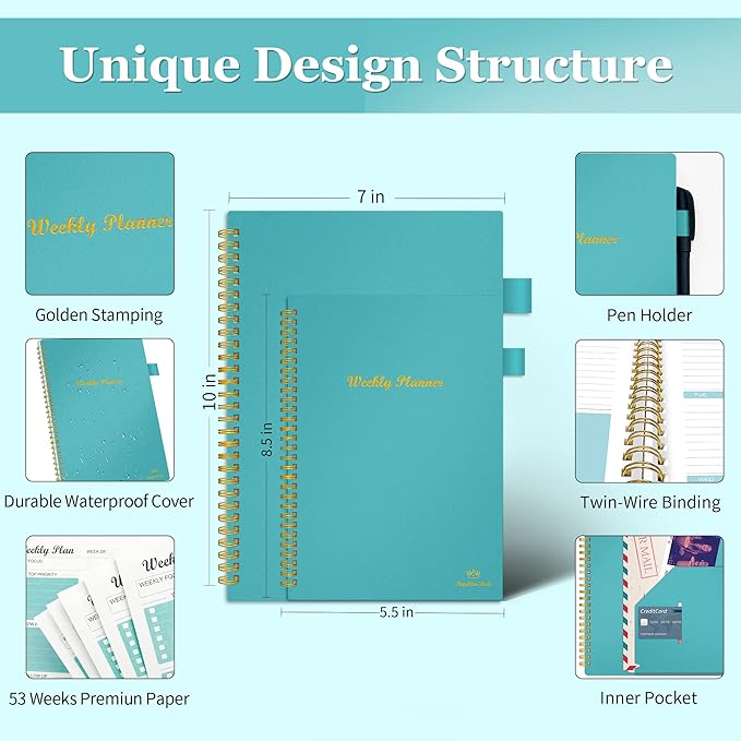 Weekly Planner Undated, Weekly Goals Schedule Planner Regolden-Book To Do List Notebook Calendars Organizers Habit Tracker Journal for Man & Women, Spiral Binding, Pocket, Pen Loop, 53 Weeks (7x10")