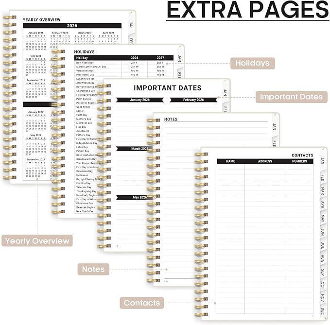 2026 Planner, Weekly and Monthly Calendar Planner, January 2026 - December 2026, Hardcover 2026 Calendar Book with Tabs For Women & Men, Inner Pocket, Spiral Bound, Perfect for Office Home School Supplies - A5 (6.3" x 8.5"), Gray
