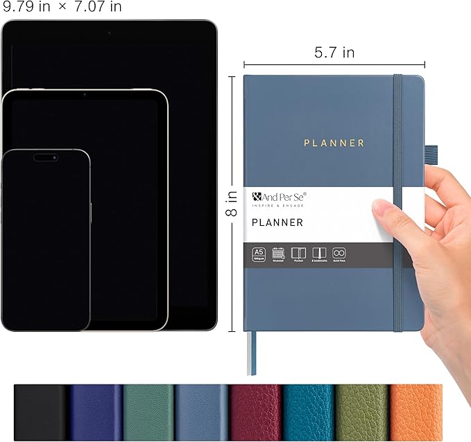 And Per Se Undated Planner – A5 Leather Hardcover Weekly & Monthly Goal Planner for 72 Weeks (1.5 Years) – with Goal & Habit Tracker (Dark Blue)