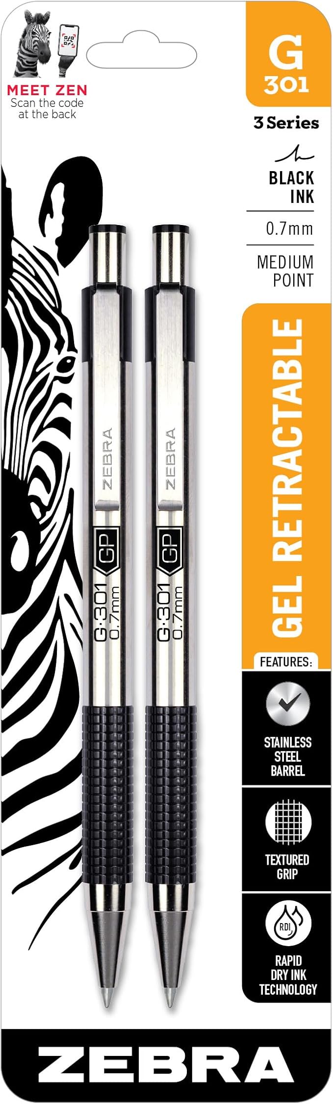 Zebra Pen G-301 Retractable Gel Pen, 0.7mm Medium Point, Stainless Steel Barrel, Textured Grip, Easy Glide Ink Provides a Smooth and Skipless Writing Experience, Black Ink, 2-Pack (41312)