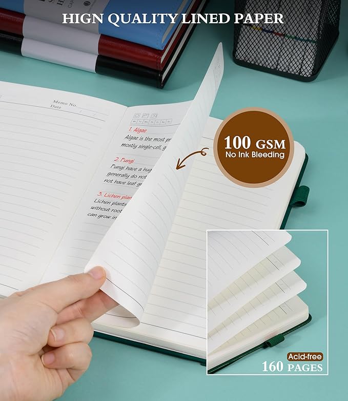 Lined Journal Notebook for Writing, A5 100 GSM Thick Paper, Leather Hardcover Journal for Woman Men, Travel Journal Diary 160 Pages(5.75'' X 8.38'' Darkgreen)