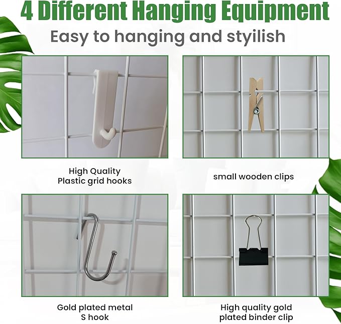 Metal Grid Wall Panel White, Wire Grid Photo Display Organizer, 17.3"×11.8" Wire Board Grid Wall, Grid Picture Frame, 4-Pack Wire Mesh Memo Board with Clips and Hooks
