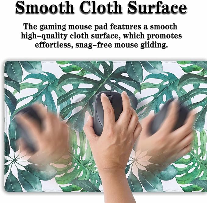 Large Mouse Pad Green Desktop Mat, Gaming Mouse Pads Computer Mats, Full Desk Mat Waterproof Non-Slip Rubber Base, 35.4 X 15.7 inch for Work/Game/Office/Home Watercolor Tropical Leaves Art
