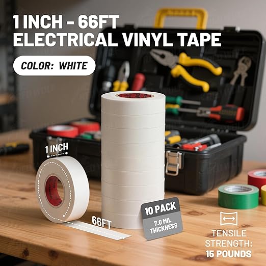 RED WOLF White Electrical Tape 1 in x 66ft 10 Pack, Industrial Grade UL/CSA Listed 7 Mil Thick Flame Retardant High Temp (10)