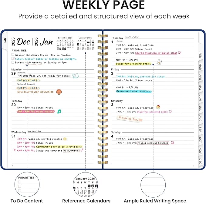 2026 Planner, Weekly and Monthly Calendar Planner, January 2026 - December 2026, Hardcover 2026 Calendar Book with Tabs For Women & Men, Inner Pocket, Spiral Bound, Perfect for Office Home School Supplies - A5 (6.3" x 8.5"), Deep Blue