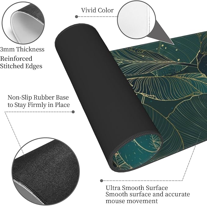 Tropical Monstera Leaves Gold Green XXL XL Large Gaming Mouse Pad for Desk, Non-Slip Long Extended Keyboard Pads Mousepad Rubber Table Mat 31.5 X 11.8 Inch