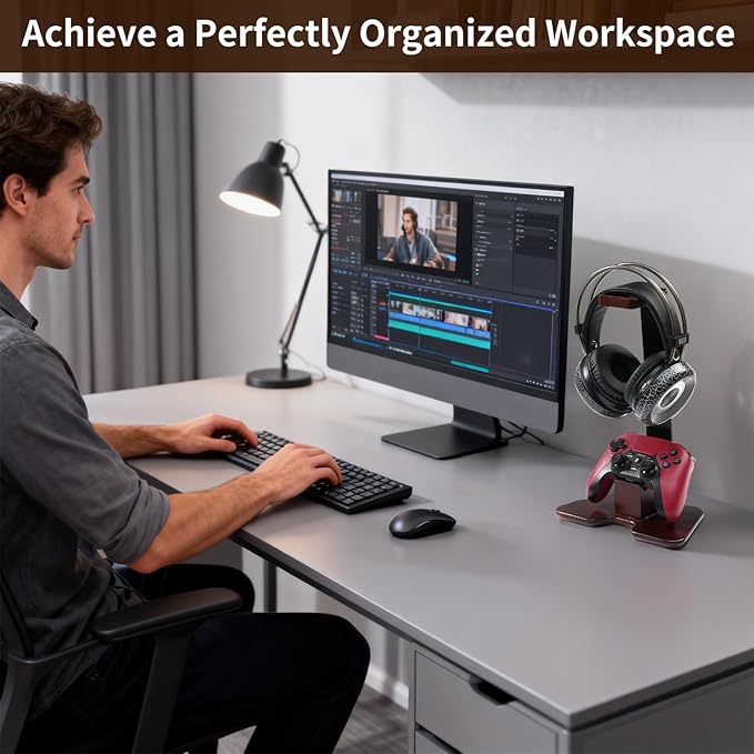 Headset and Controller Stand for Desk, Walnut Wood Headphone Stand with Gaming Controller Holder, Universal Headset Holder for PS5, Xbox, AirPods Max & All Headphones