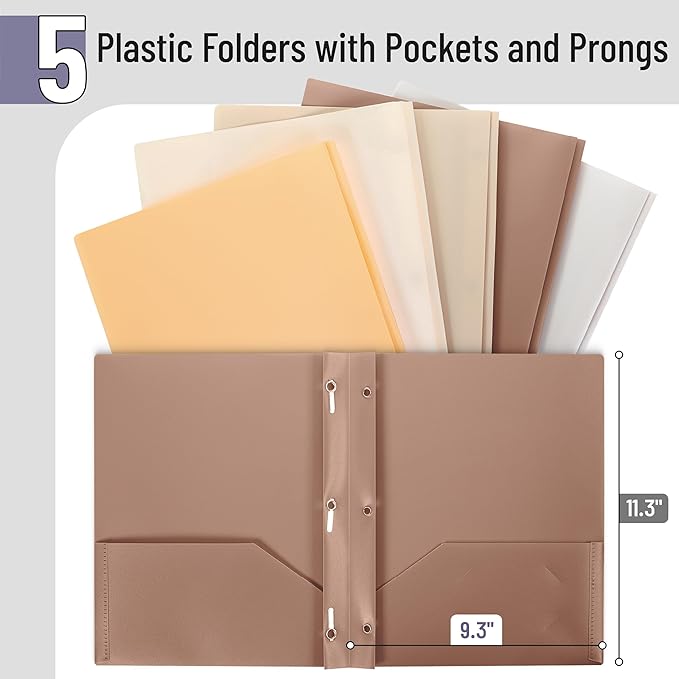 Mr. Pen- Plastic Folders with Pockets and Prongs, 5 Pack, Letter Size, Natural Color, Flexible Plastic Folders with Prongs