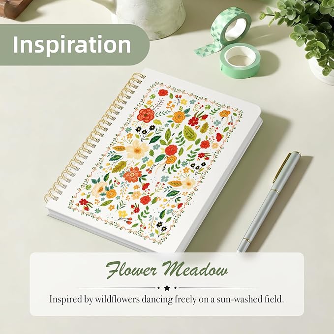 Stanoha Cute Spiral Notebook A5 Journal for Women Girls Kawaii Aesthetic Pretty Floral Design with Pocket, 8.5 x 5.7 inch, Line, Beige Floral