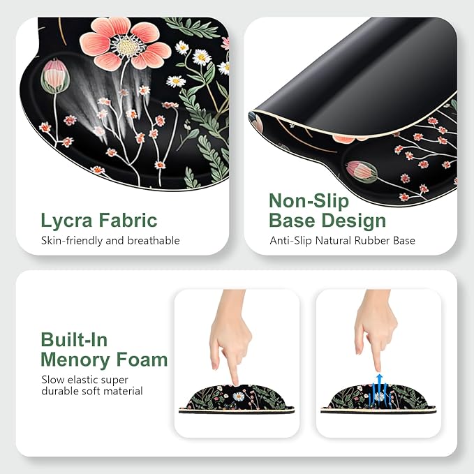 Flower Desk Mat, 4in1 Large Mouse Pad with Wrist Rest, Desk Matt for Desktop, Desk Pad Mat, Anti-Slip XXL Computer Ergonomic Mousepad with Wrist Support for Keyboard and Mouse I Black Florals Weeds