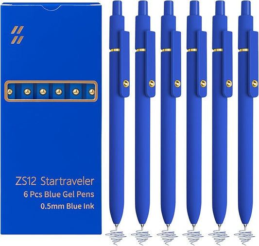 6 Pcs Blue Ink Pens for Journaling 0.5mm Fine Point Blue Gel Ink Pens, Smooth Writing Quick Dry Pens for Note Taking, Gift Set for Women & Men (6 Pcs Blue Gold)