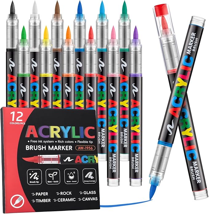 Prudiut 12 Color Acrylic Paint Markers, Soft Brush Tip Acrylic Paint Pens Markers, Art Pens for Wood, Canvas, Glass & Rock Painting, Water Resistant Ink DIY Crafts Supplies, Christmas Crafts