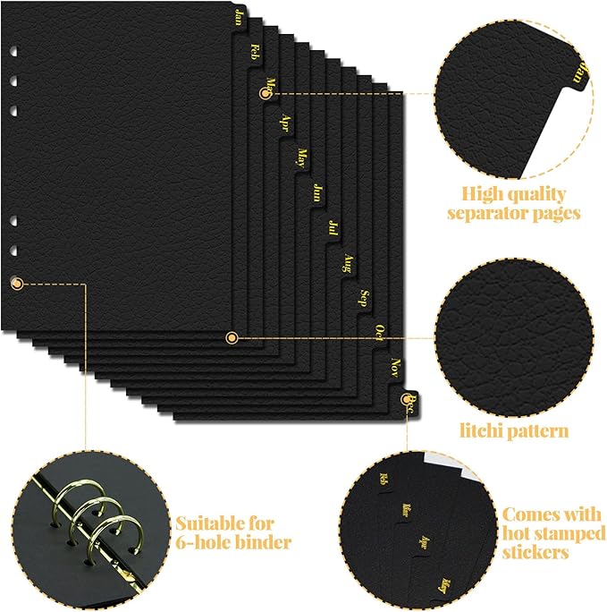 Koqye Leather Textured A5 6-Ring Binder Dividers with 12 Monthly Tabs, Black Paper Index Page Separators for Planner/Organizer (2 Set - 12 Monthly Tabs)