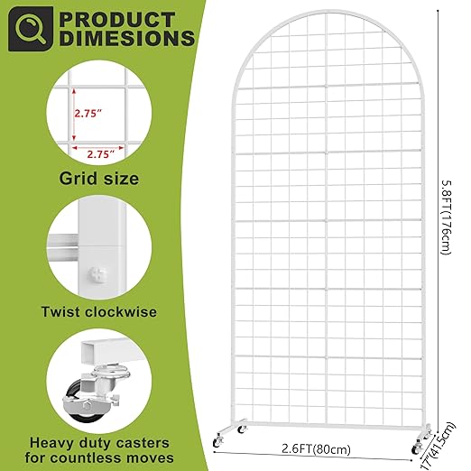 Grid Wall Panel 1PCS Display Stand 2.6' x 5.8' FT White Grid Wall Panels Movable Retail Display Racks Floorstanding Gridwall Heavy Duty with Wheel for Art Craft Photo Displays Fair Trade Show