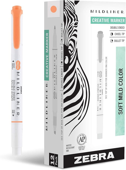 Zebra Pen Mildliner Dual-Tip Highlighters, Broad and Fine Tips, Ideal for Bible Highlighting, No Bleed, School Supplies, Teacher Supplies, and Office Supplies, Mild Apricot Ink, 12-Pack (78590upc)