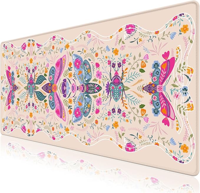 Desk Mat for Keyboard and Mouse, Large Non-Slip Mouse Pad Keyboard Pad, Computer Mats for Desktop,Wlomen Girls Desk Pad with Stitched Edges for Office, Gaming I Boho Insect Floral