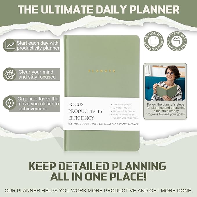 Productivity 2026 Planner Undated Daily Weekly Monthly Time Management & Organization Goal Achievement for Professionals & Students Workers(Green)