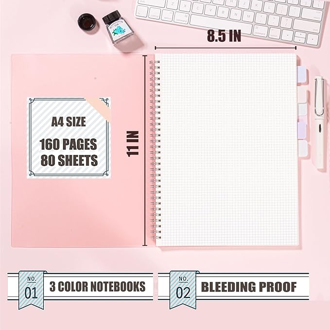 3 Pack Graph Notebook, 8.5 x 11 Inches Spiral Notebooks for Work, School and Journal with 110 GSM Graph Paper, Large Notebook with 80 Sheets/160 Pages, Hardcover Grid Paper Notebook