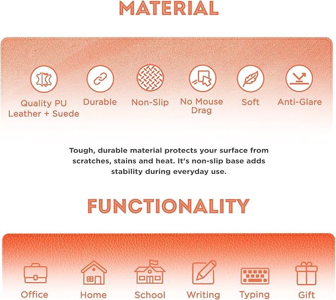 FTC PU Leather Desk Pad & Desk Blotter, Non-Slip Flannelette Base, Stitched Desk Mat for Keyboard, Mouse & Writing, Home or Office (Orange, 31.5” x 15.75”)