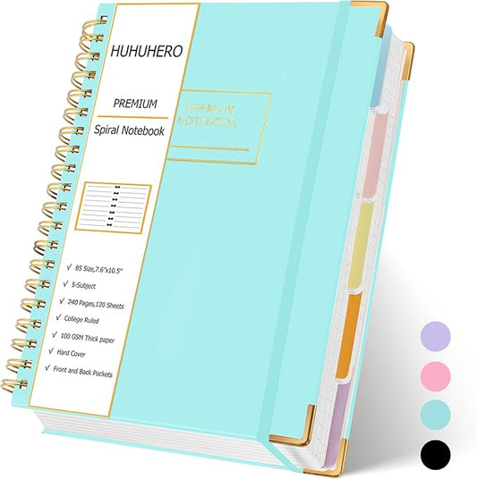 Huhuhero Lined Spiral Notebook Journal, 5 Subject Notebook with Dividers, 7.6" x 10.5", 240 Pages Hardcover Journals for Women Men Writing Work Note Taking, Office School Supplies (Green)