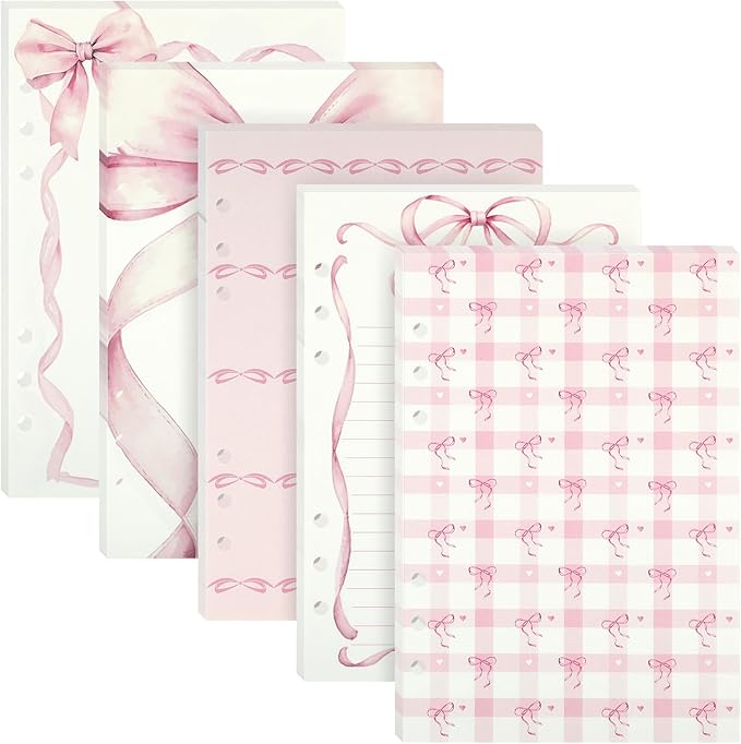 100 Sheets Pink Bow A5 Refills Paper for Planner Inserts Binder, Thick 6 Hole Notebook Refill, 120GSM Filler Insert Loose Leaf Paper for A5 6 Ring Binder Travel Journal Diary Budget, Lined & Blank