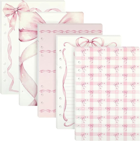 100 Sheets Pink Bow A5 Refills Paper for Planner Inserts Binder, Thick 6 Hole Notebook Refill, 120GSM Filler Insert Loose Leaf Paper for A5 6 Ring Binder Travel Journal Diary Budget, Lined & Blank