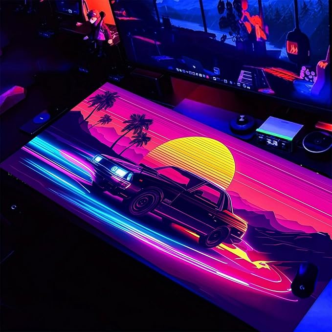 Manicer Retro Sunset Car Mouse Pad – Blacklight Gaming Desk Mat, UV Reactive Neon Glow in The Dark Mousepad, Extended 31.5” x 11.8” Non-Slip Rubber Base, Waterproof Cool Desk Pad for Office & Home