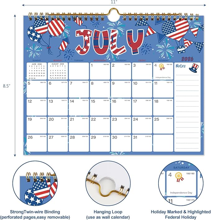 2026 Calendar - 18 Monthly Wall Calendar, January 2026 - June 2027, 8.5" x 11", Calendar 2026 with Twin-Wire Binding, Hanging Hook, Blocks and Julian Dates (Calendar Festivals)