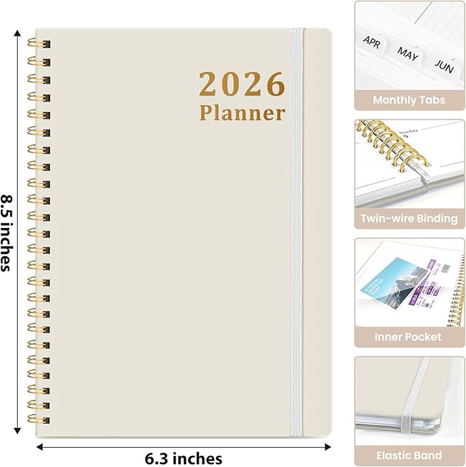 2026 Planner, Weekly and Monthly Calendar Planner, January 2026 - December 2026, Hardcover 2026 Calendar Book with Tabs For Women & Men, Inner Pocket, Spiral Bound, Perfect for Office Home School Supplies - A5 (6.3" x 8.5"), Gray