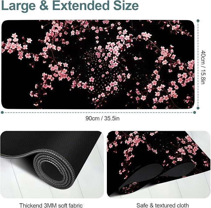 Cherry Blossom Extended Gaming Mouse Pad 35.4 x 15.7 Inch – Japanese-Inspired Desk Mat for Gaming, Office, and Study with Non-Slip Rubber Base
