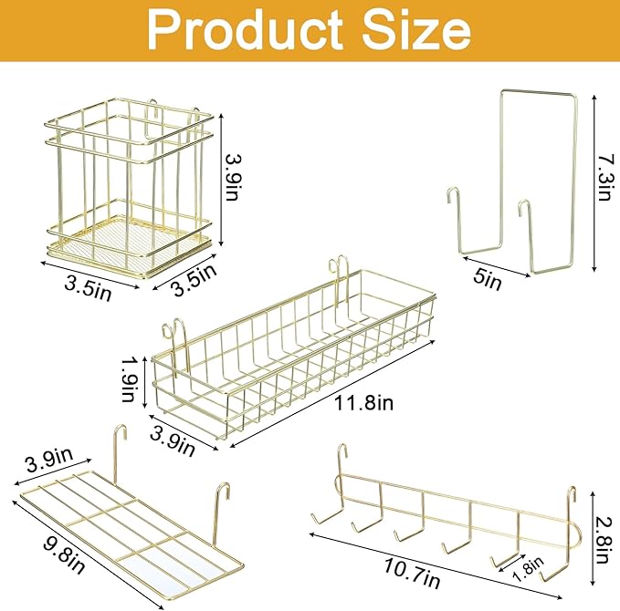 Metal Mesh Wall Grid Panel Hanging Basket,Display Shelf,Pen Holder,Hooks Rack,Bookshelf,Decorative Desk Storage Organizer for Office,Study,Set of 5 (Gold)