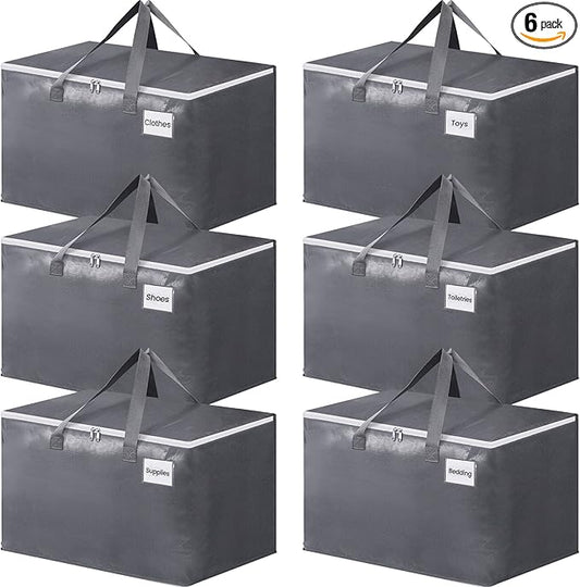 BlissTotes Large Moving Boxes and with Zippers & Handles Moving Supplies with lids, Heavy Duty Totes for Storage Bags for Space Saving, Fold Flat, Moving and Storing 125L, 6 Pack