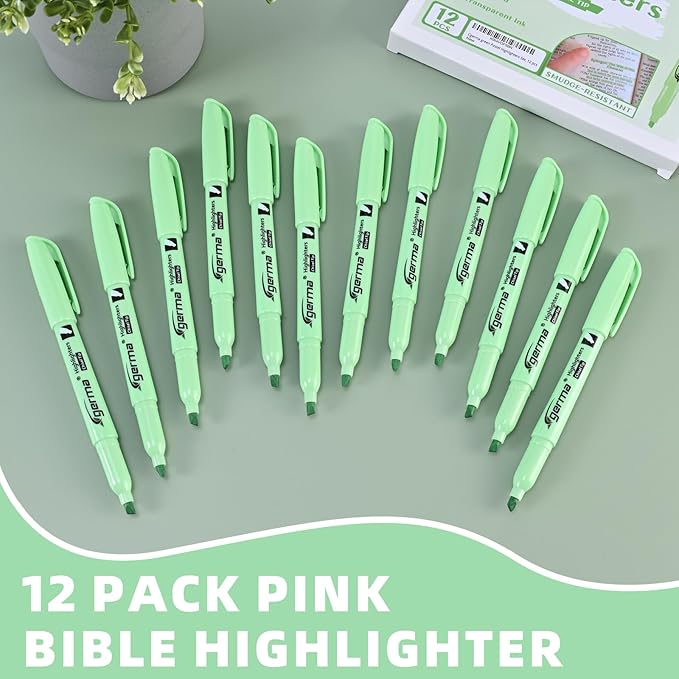 Green Highlighters 12 Pack, Mild Pastel Color, Chisel Tip Bible Highlighters No Bleed, Quick-Drying, Cute Aesthetic Markers for Journaling, Bible Study, School Office Supplies