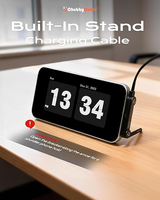 chubbycable StandLite 65W Braided Fast Charge Cable with Built-in Phone Stand T-Shaped Foldable Durable USB A-C Cord 90 Degree USB C Cable Right Angle Multi-Functional Charger Cord, Black, 4.9FT
