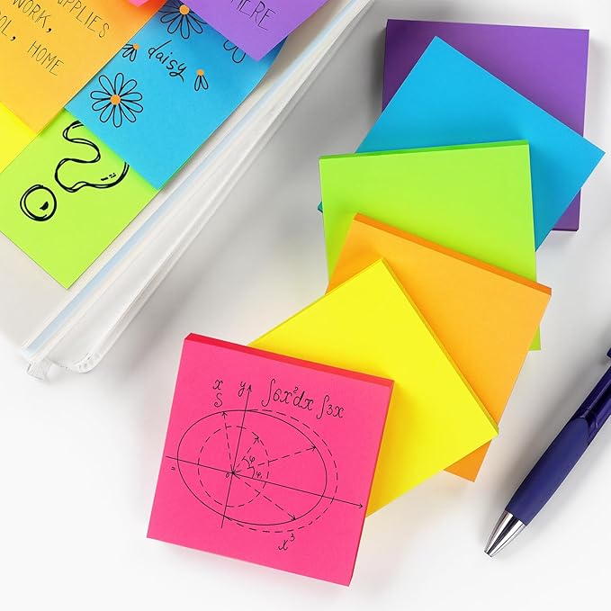 Winner Aura 3x3 Inch Bright Colors Self-Stick Sticky Notes, 6 Pack, 100 Sheets per Pad, Total 600 Sheets