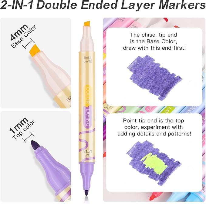 Color Layering Double Sided Markers,16pcs 32Colors Dual Tip Magic Markers,Broad and Fine Tips,Color Changing washable markers,Dry-Quickly Non-Toxic Pens for Bullet Journal,Coloring books