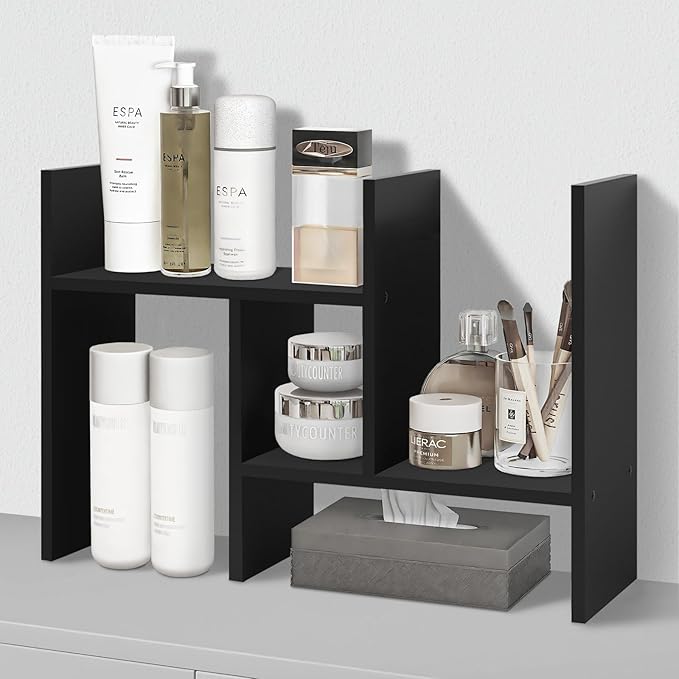 MASAKA B&W - Desk Organizer Aesthetic Shelf, Desktop Bookshelf, Double H Plants Display Shelf, Storage Rack Adjustable Stackable for Office Home Dorm - Perfect for Books, Plants & Decor (Black)