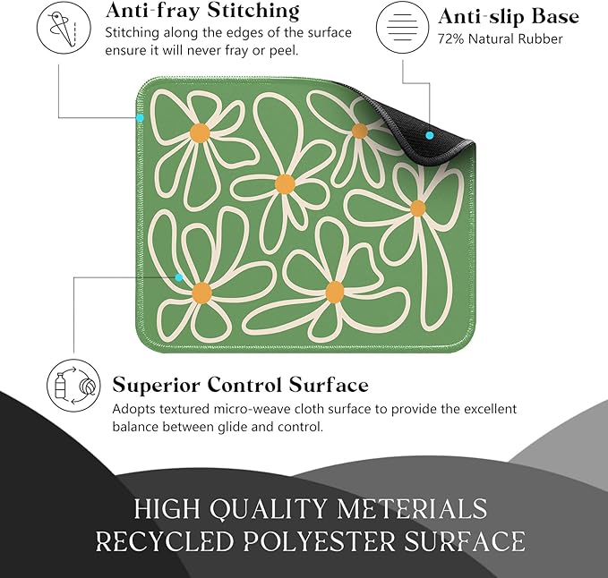 Green Daisy Flower Desk Pad Mat with Stitched Edges and Non-Slip Rubber Base, Premium-Textured Mouse Pad for Laptop, Computer & PC, Gaming & Working, Waterproof Mousepad
