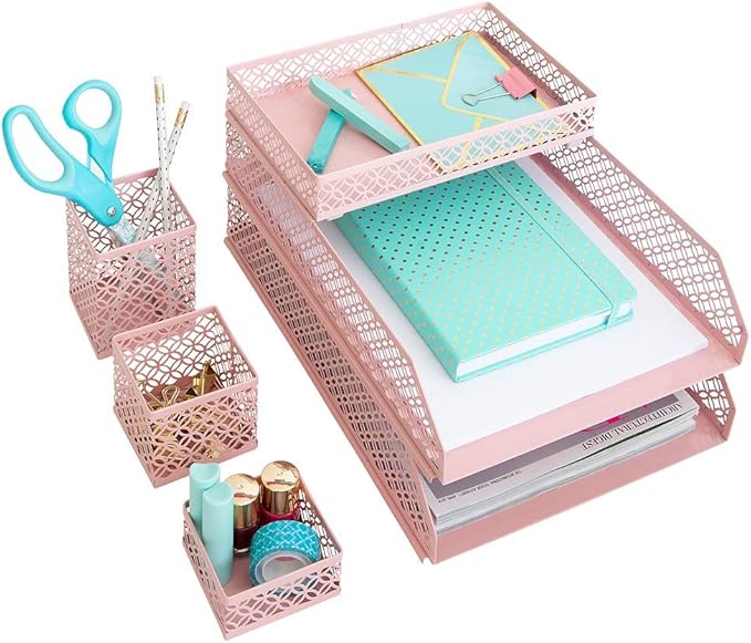 BLU MONACO Pink Desk Organizer Set for Women | 6-Piece Interlocking Office Supplies Set with Pen Cup, Accessory Trays & Letter Trays | Pink Room Decor for Workspace, Home Office & Study Areas