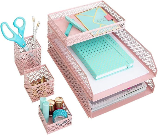 BLU MONACO Pink Desk Organizer Set for Women | 6-Piece Interlocking Office Supplies Set with Pen Cup, Accessory Trays & Letter Trays | Pink Room Decor for Workspace, Home Office & Study Areas