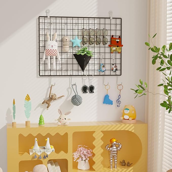 C&AHOME Photo Wall Display Set of 2, Grid Panel with Hooks, Clips, Hemp Cord, Hammer - 17.7" x 25.6", Black UWWGM4565B