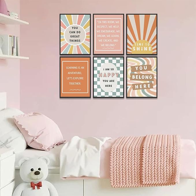 6Pcs Boho Inspirational Posters Wall Art Positive Affirmations Growth Mindset Canvas Wall Decor Pictures Modern Classroom School Posters Wall Prints for Children's Room nursery School 12x16in Unframed