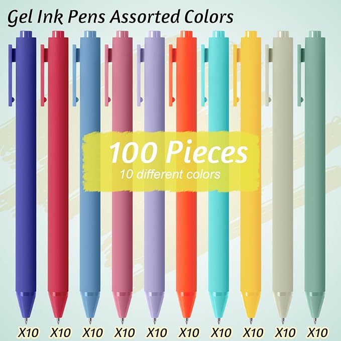 Crtiin 100 Pcs Gel Ink Pens Bulk, Black Ink 0.5mm Fine Point Retractable Pen Smooth Writing Office Supplies for Teacher Server Nurse Valentine Galentine Gift (Rainbow Colors)