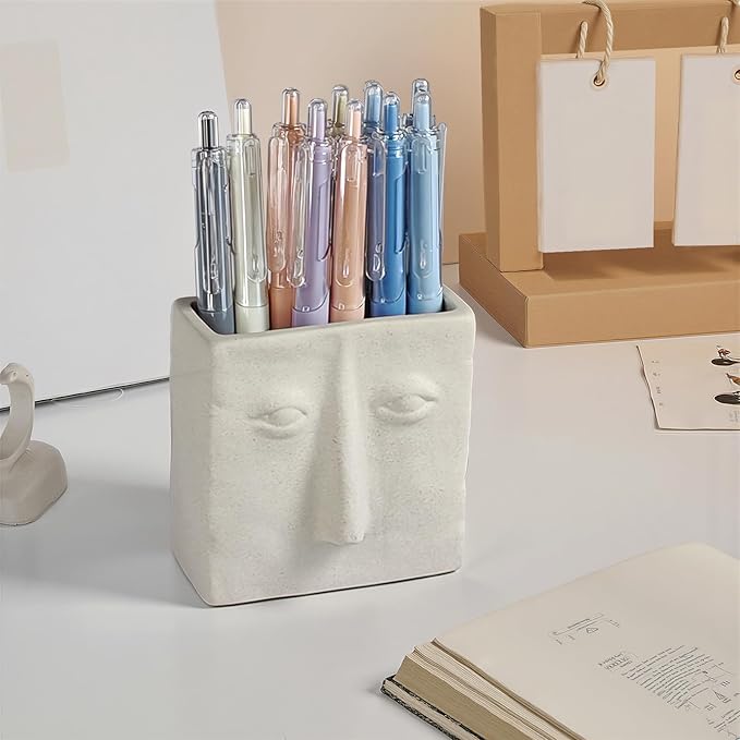 Abstract Square Face Ceramic Pen Holder, Multi-Use Ceramic Pencil Holder & Pen Holder, Modern Minimalist Desk Accessory for Home & Office Organization