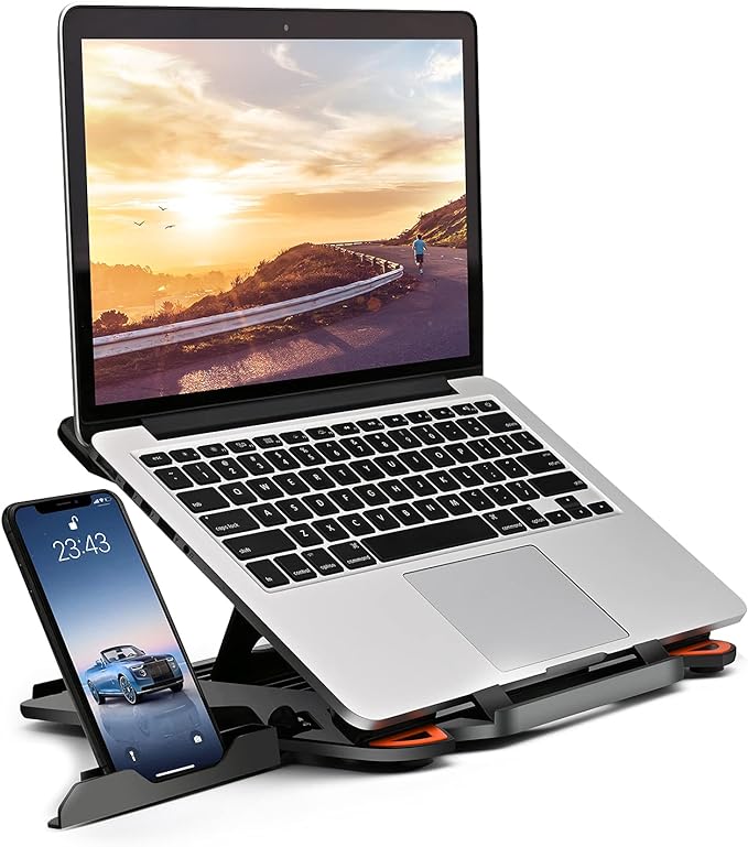 Ergonomic Adjustable Laptop Stand for Desk with Phone Holder & 360° Rotation - Foldable Portable Stand for 10-17" Laptops, MacBook Pro 16", Gaming Laptops, Tablets | Heavy-Duty & Ventilated Design