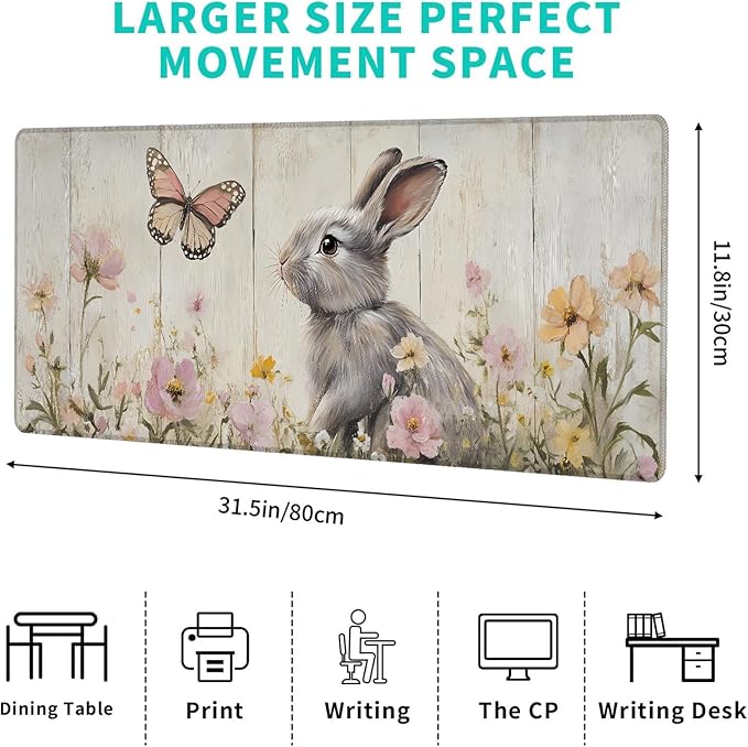Floral Bunny Gaming Mouse Pad – 12x31.5in Large Extended Desk Mat with Cute Rabbit and Butterfly Design – Non-Slip Rubber Mousepad for Office Home – Deskmat Gifts for Animal Lovers Decor