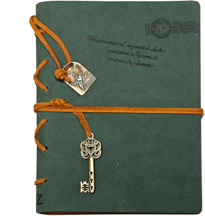 EvZ Leather Writing Journal Notebook, 7 Inches Key Bound Retro Vintage Notebook Diary Sketchbook Gifts with Unlined Travel Journals to Write in for Girls and Boys Notepad Guest Book, Dark Green