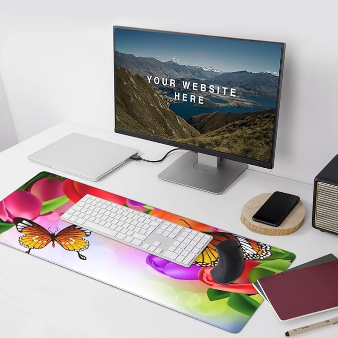 Extra Large Mouse Pads Tulip Flowers and Butterflies XXL Extended Mousepad with Stitched Edges Non-Slip Rubber Base Computer Keyboard Pad Desk Mat for Home Office Desk Decor, 35.4" X 15.7"